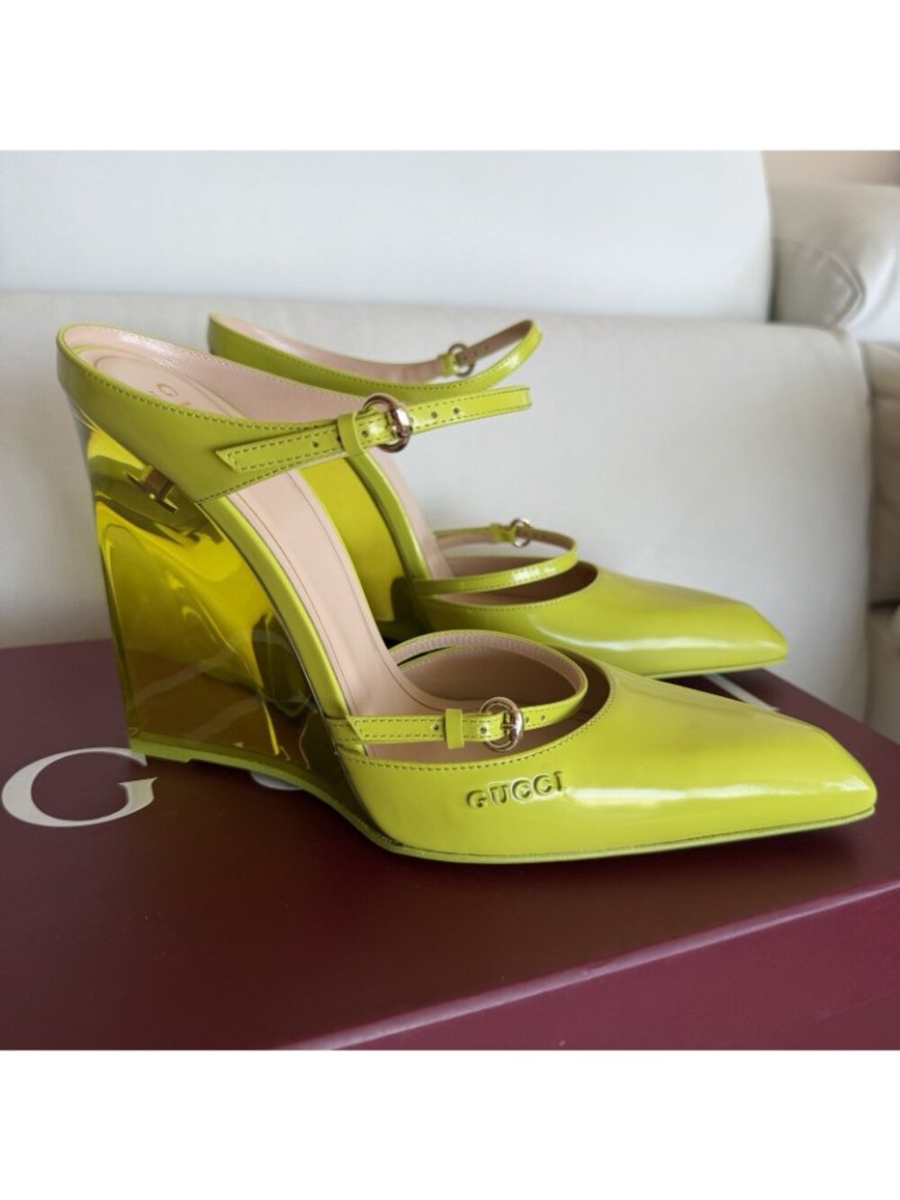 Gucci Lime Green Patent Leather Mary Jane Wedge Heels - Picture 3 of 11